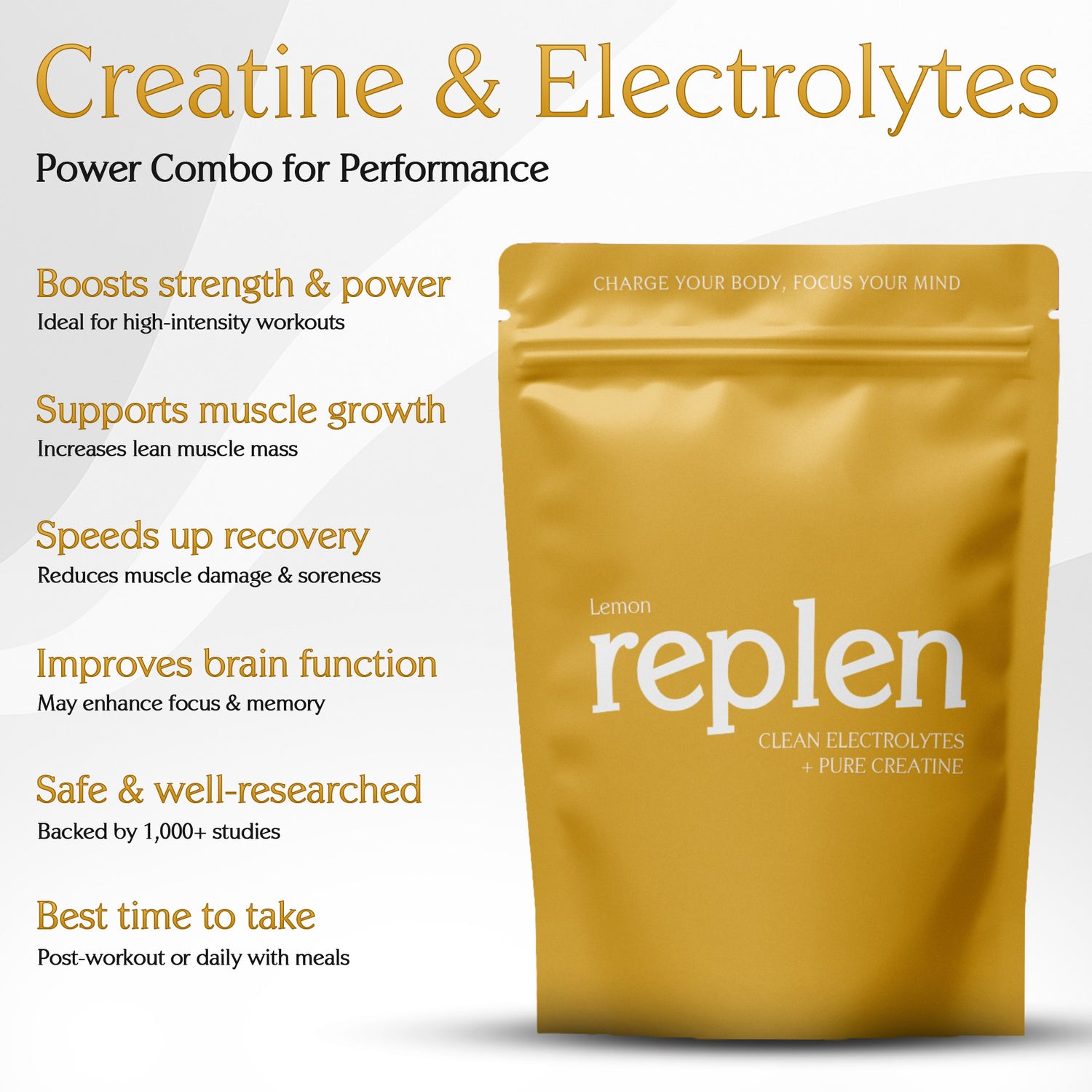 Replen Creatine + Electrolytes Powder - Lemon Flavor | Muscle Growth & Recovery Supplement